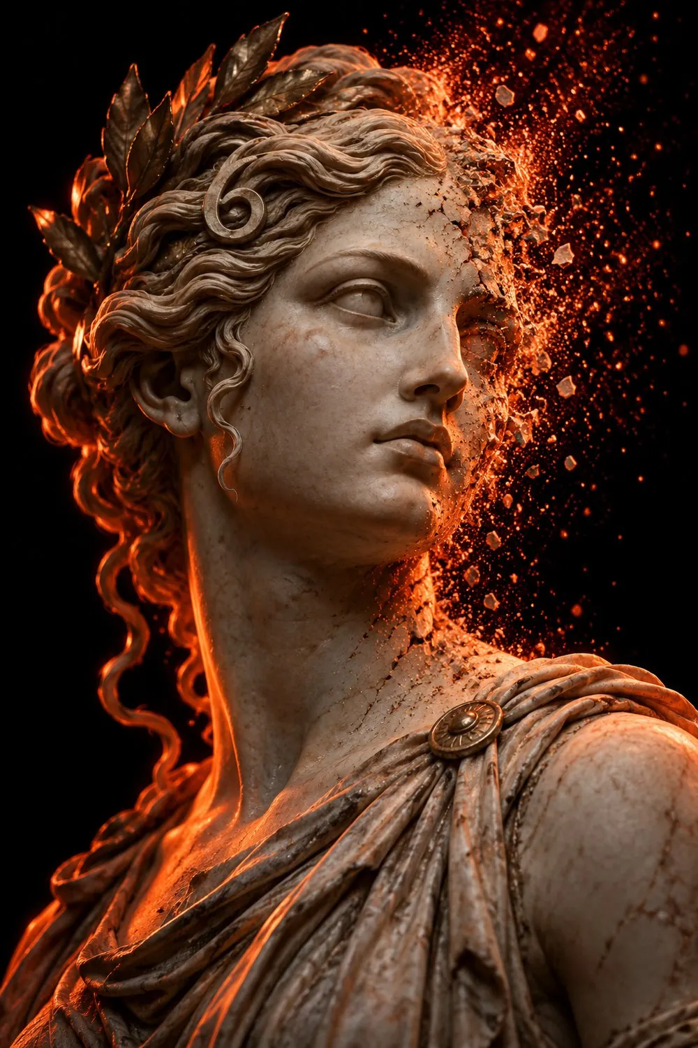 Buste de marbre de Némésis dont le visage se dissout en particules orange