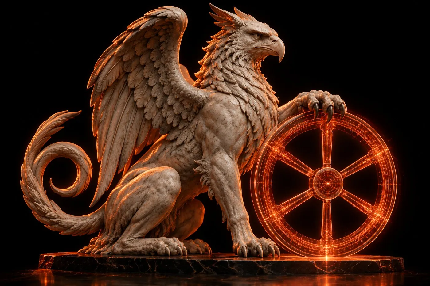 Griffon de marbre posant sa patte sur une roue lumineuse orange